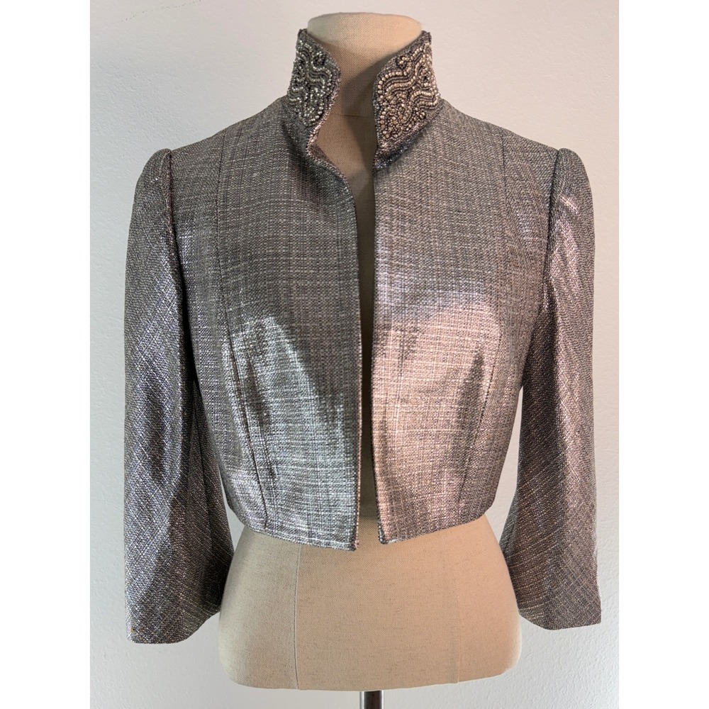 Y2K Carmen Marc Valvo Metallic Woven Cropped Blazer Rhinestone Collar Silk Blend